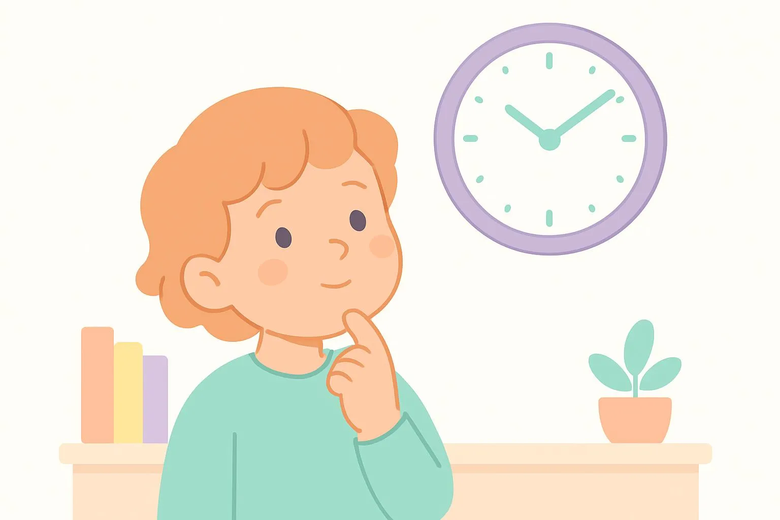 Child looking at an analog clock on the wall, trying to read the time