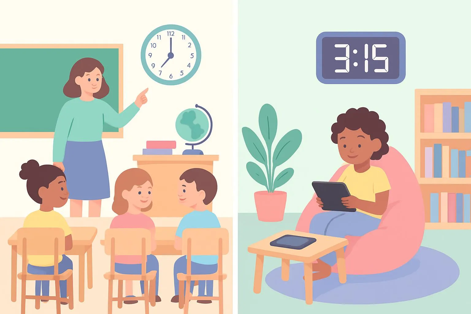 Split scene comparing traditional classroom with analog clock and modern room with digital clock