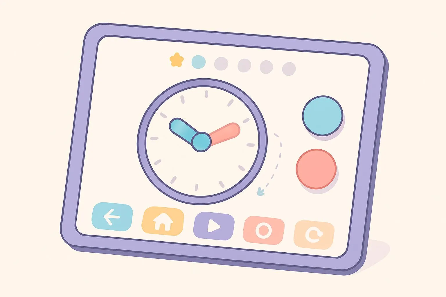 Tablet screen showing an interactive clock learning app with colorful interface