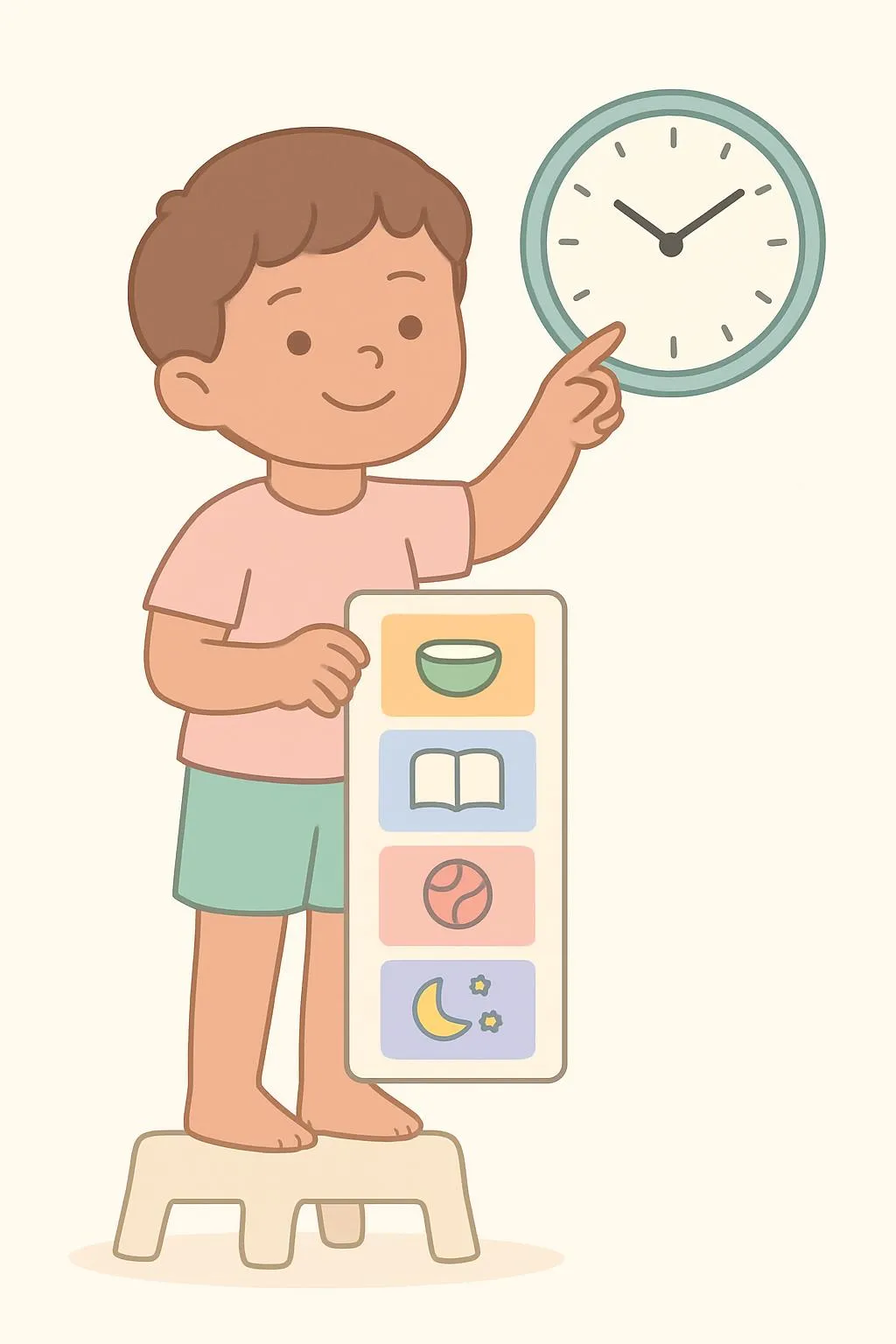 Child checking a wall clock and comparing it to their daily schedule chart