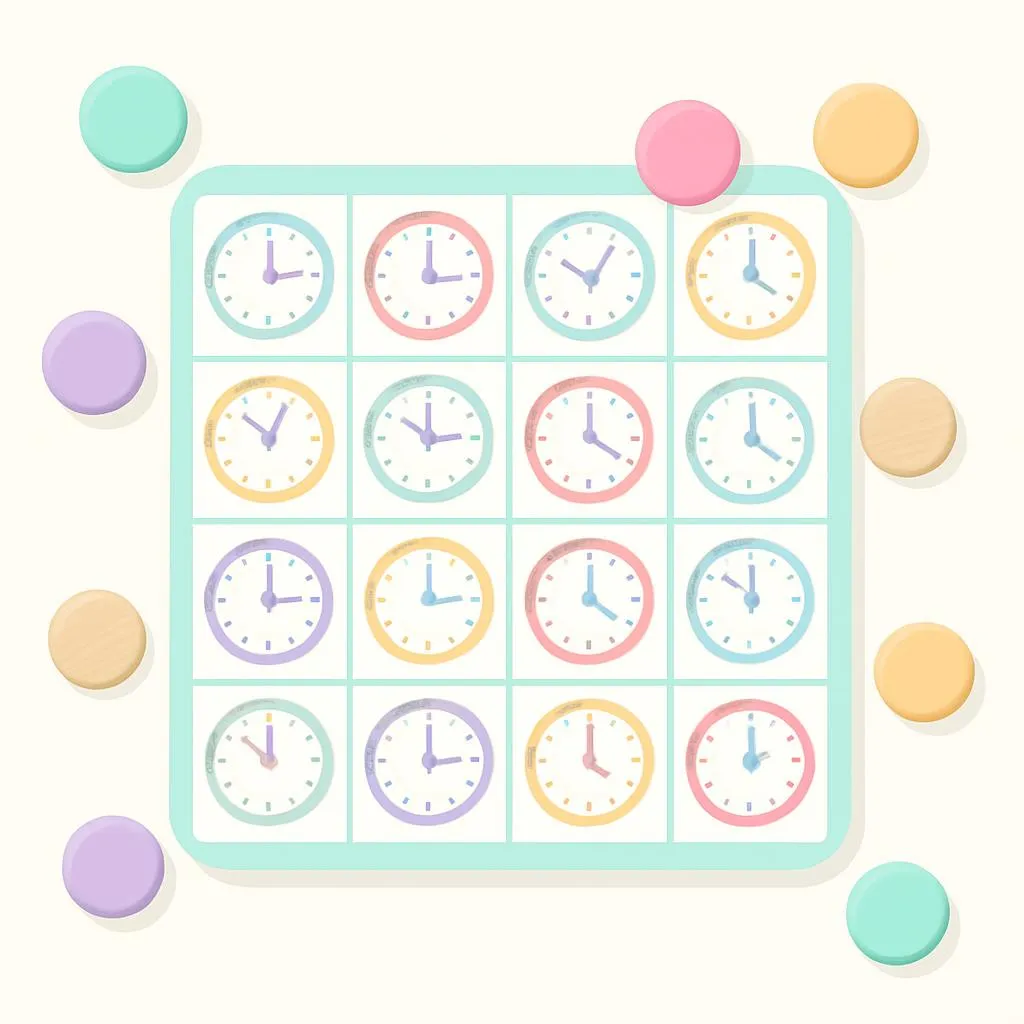 Clock-themed bingo card with colorful clock faces showing different times