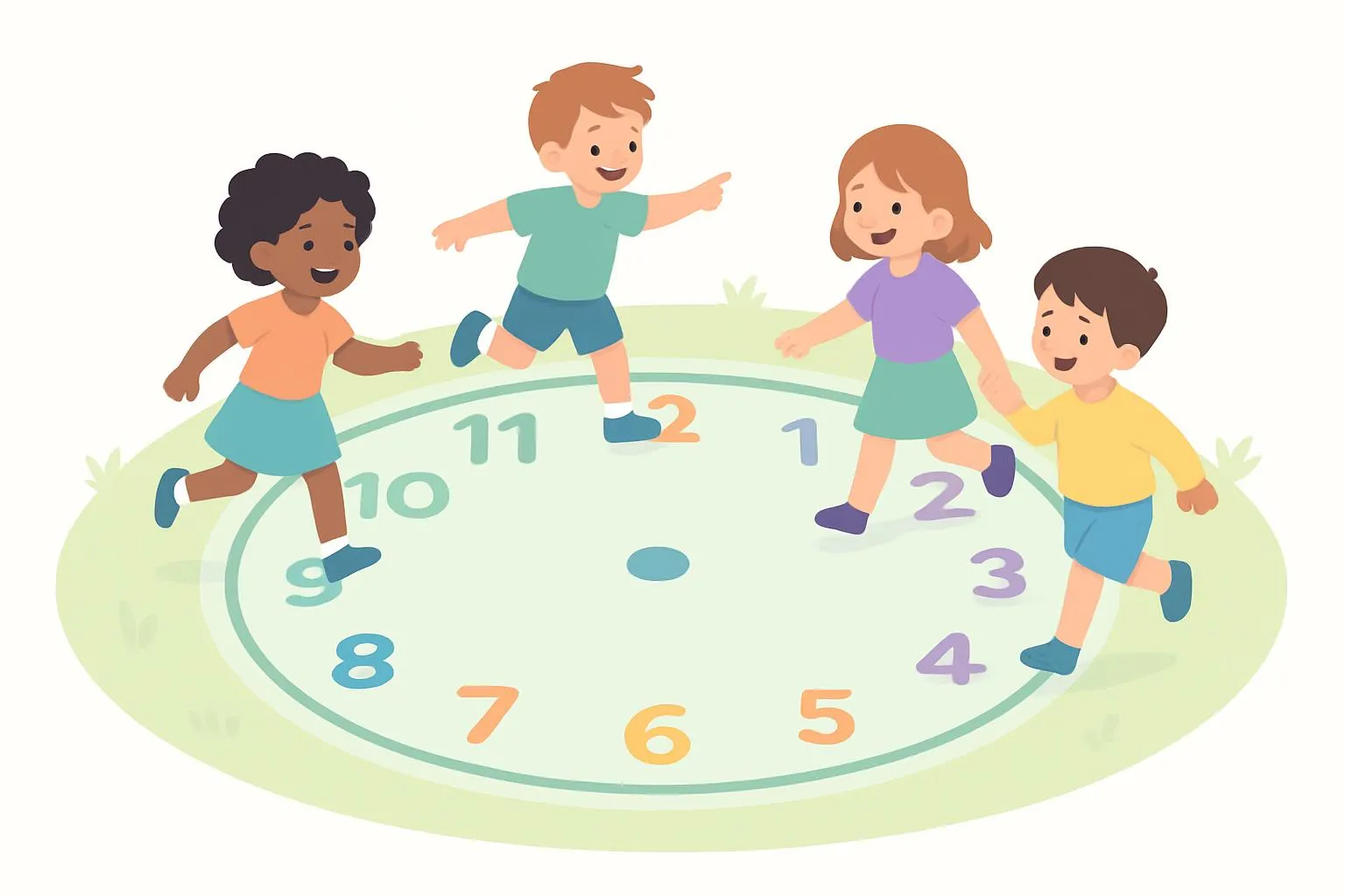 Kids playing a clock-themed outdoor game with numbers marked on the ground like a giant clock face