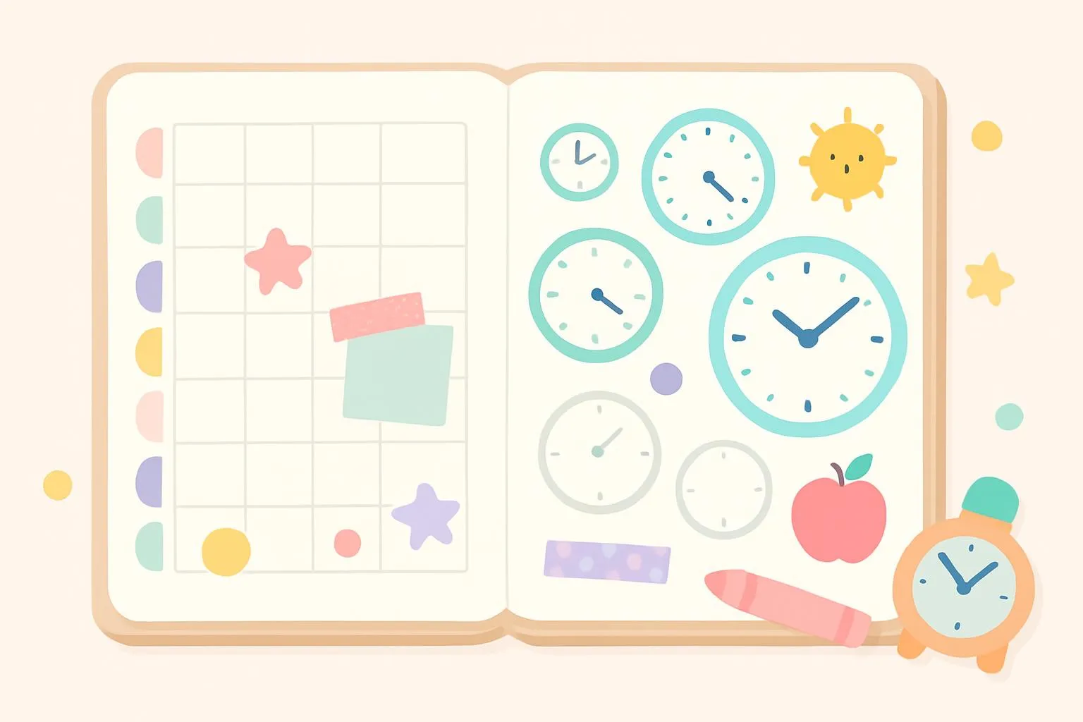 Weekly homeschool planner open to a Time-Telling unit page with colorful stickers and clock drawings