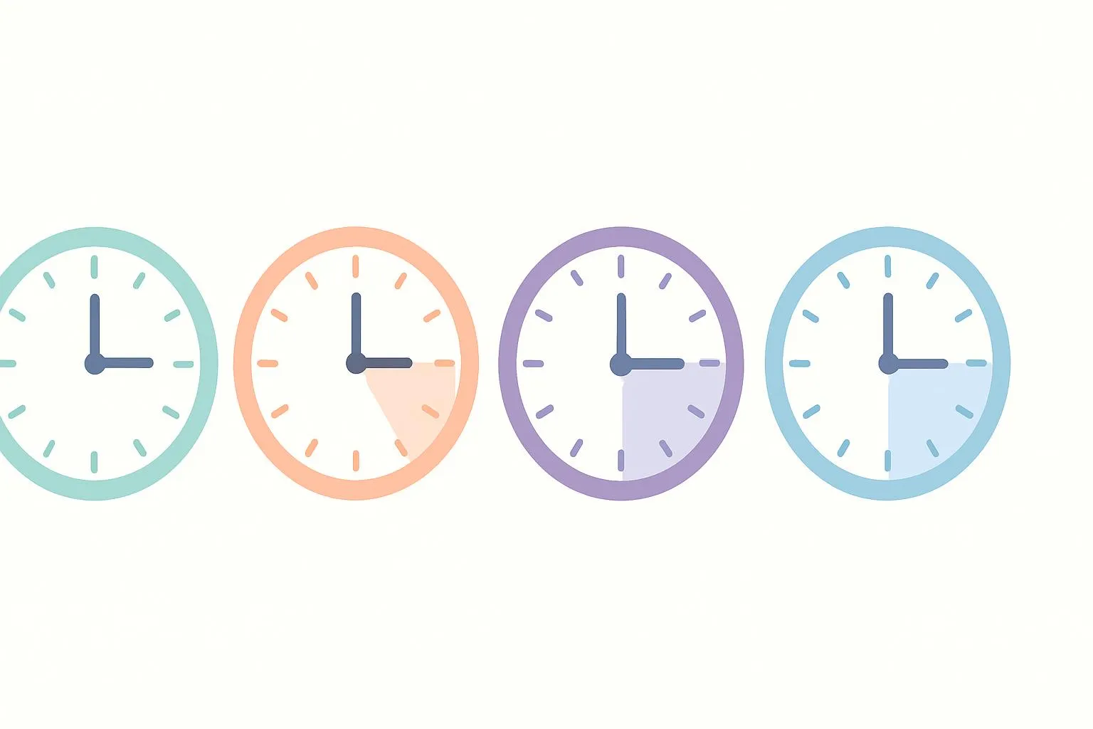 Four small clocks in a row showing 3:00, 3:15, 3:30, and 3:45 with quarter sections highlighted