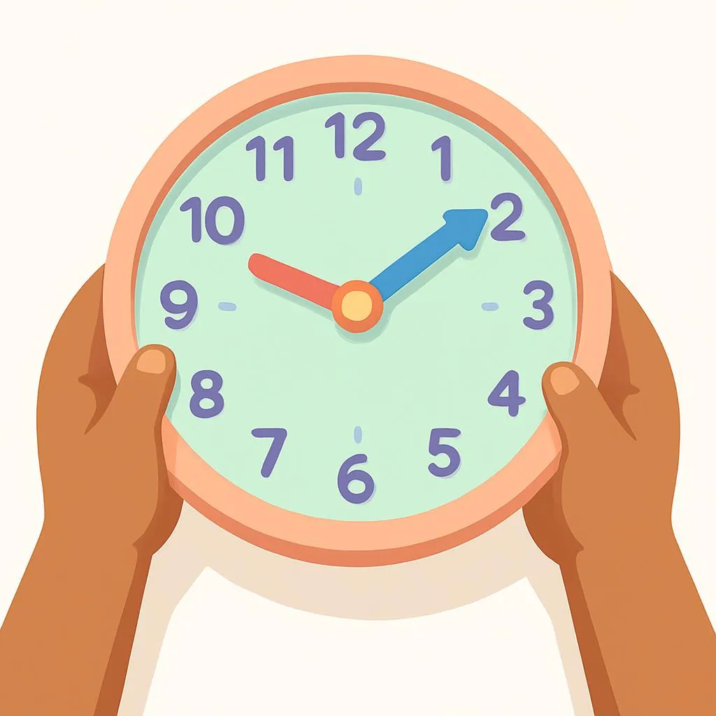 Child holding a colorful teaching clock with movable hands
