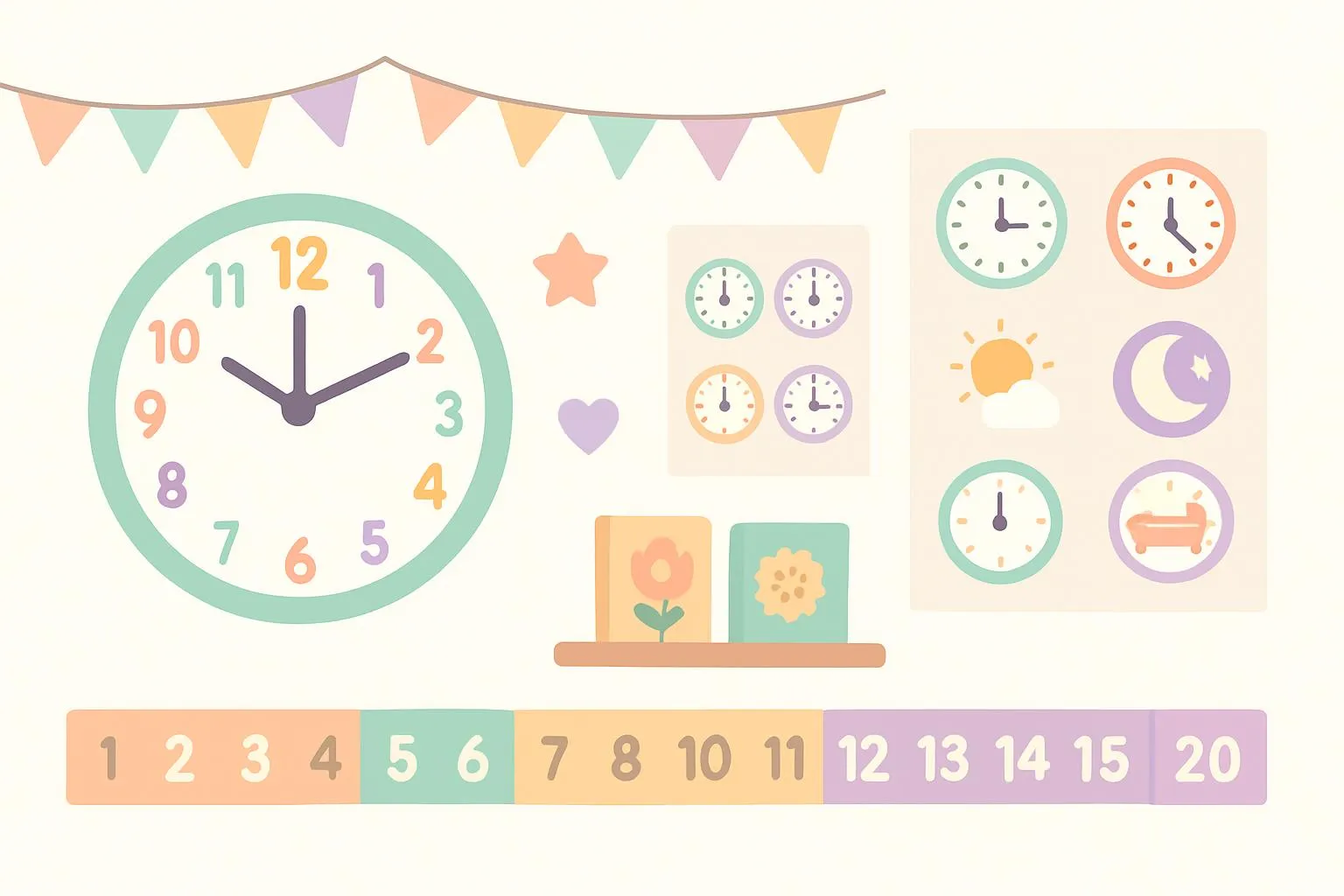 First grade classroom with a large wall clock and colorful time-related posters