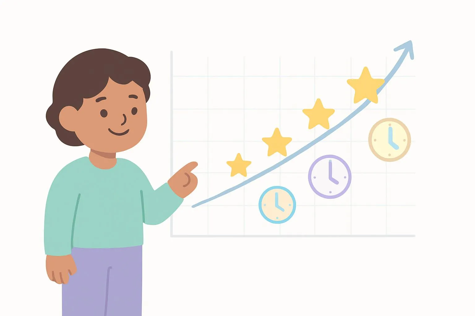 Progress tracking chart with star stickers showing a student's time-telling skill improvement