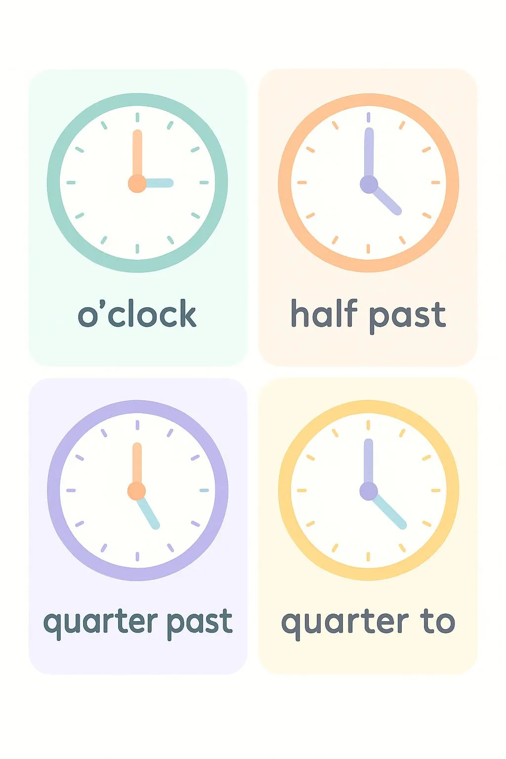 Anchor chart showing clock vocabulary with matching clock illustrations