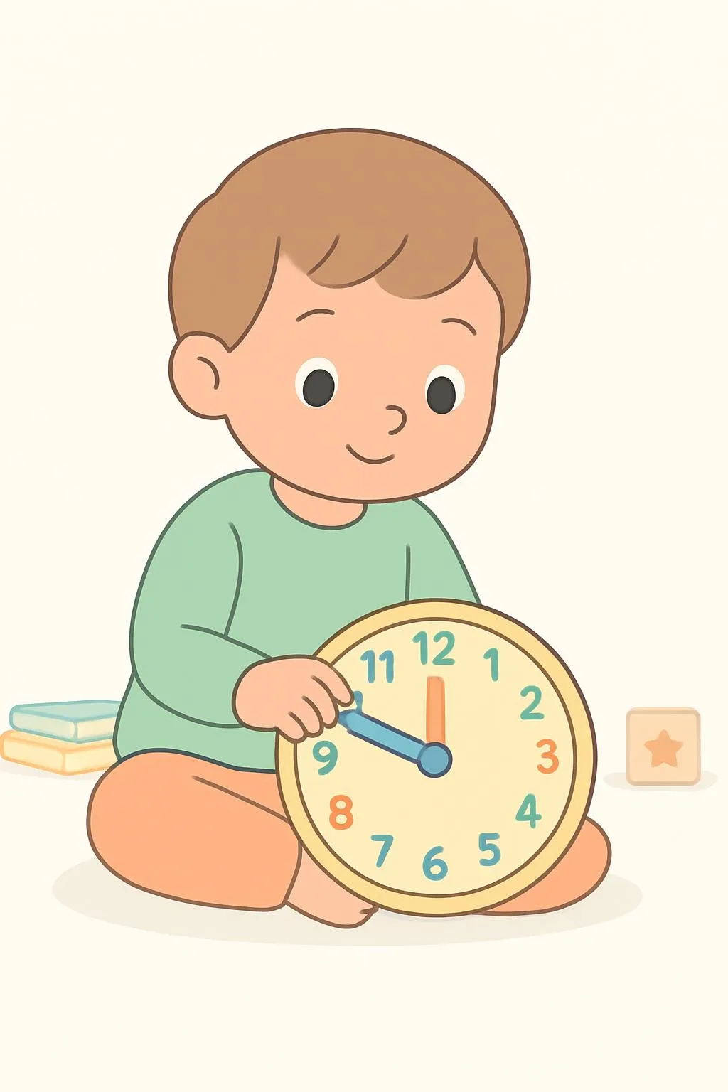Kindergarten child playing with a toy clock, exploring it curiously