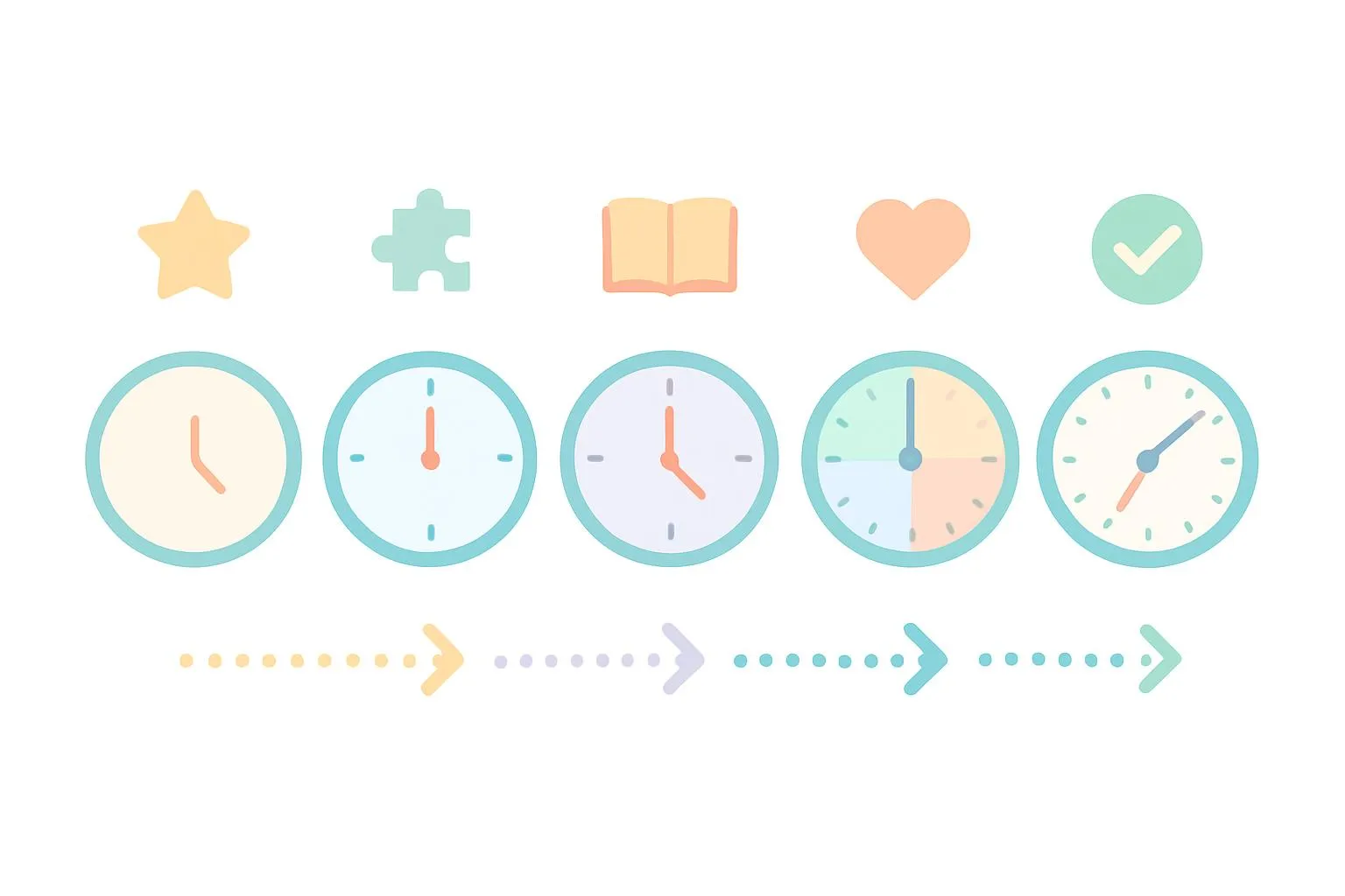 Developmental milestone chart with clock icons at different stages showing progression